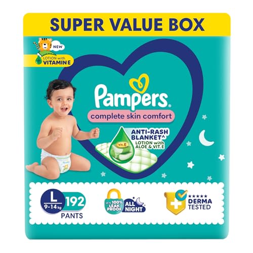 Pampers Complete Skin Comfort Pants| Pant style Diaper Large, 192count| Anti-Rash blanket lotion with Vit E and Aloe Vera | All night protection with leak proof technology(64 Count, Pack of 3)