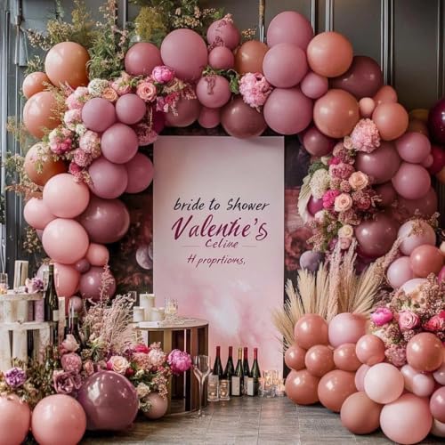 Image of Dusty Rose Pink Balloon Garland Arch - Double Stuffed Dark Pink Balloons For Valentines Birthday Baby Shower Boho Bridal Shower Wedding Party Decorations