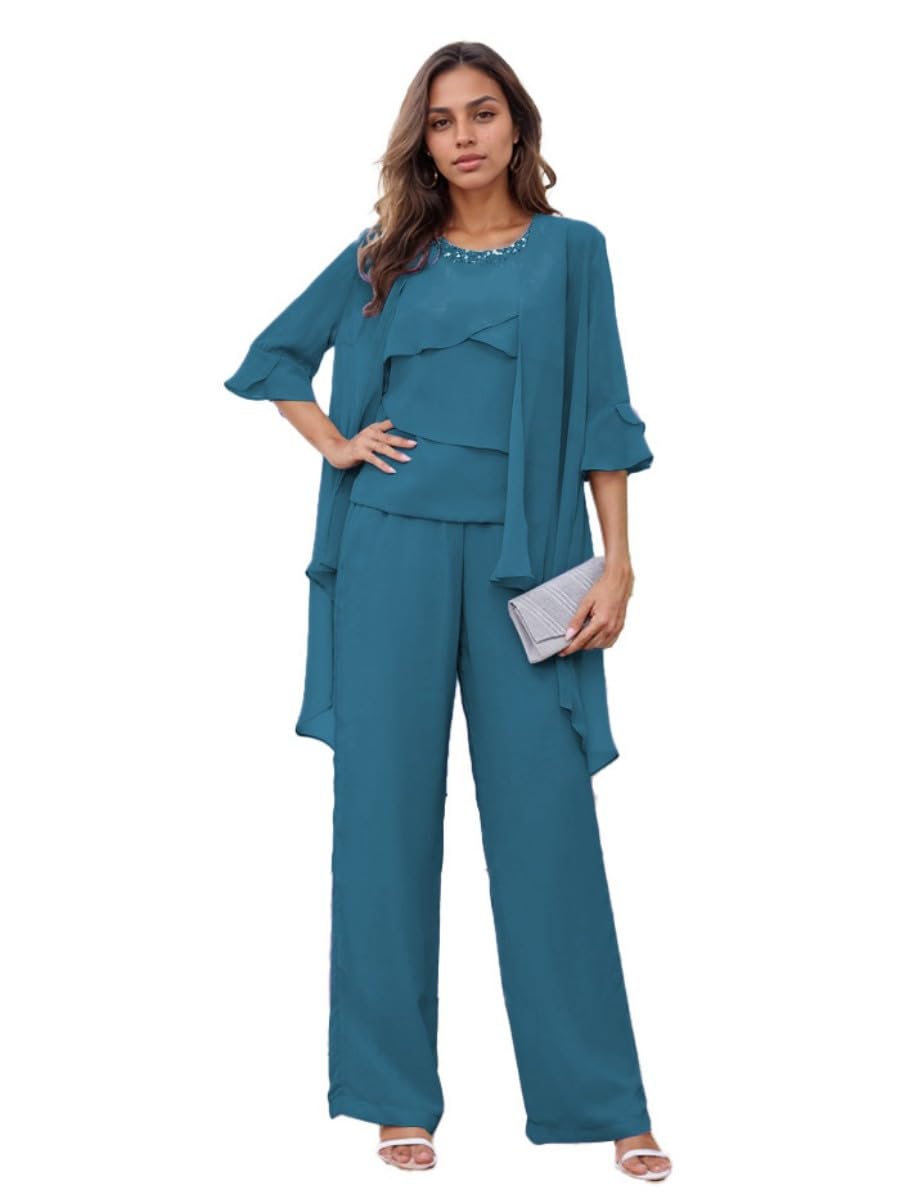 Leader Of The Beauty Women's Teal Mother Of The Bride Pant Suits 3 Pieces Chiffon Outfit Sets Wedding Formal Outfit Set Evening Gown 20