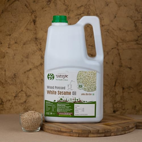 Image of S Siddhagiri's SATVYK THE HEALTH re STORE Wood Pressed White Sesame Oil (5Ltr Can)| | Unrefined Til ka Tel | Wooden Ghani Gingelly Oil | Pure & Natural Sesame Oil for Cooking