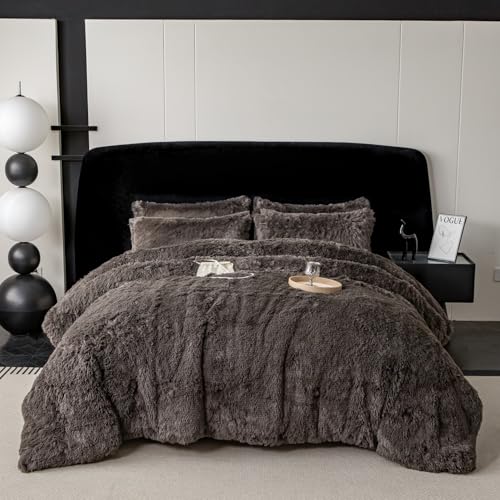 chovy Faux Fur Plush Gray Comforter Sets King - Ultra Soft Shaggy Flannel Velvet Fluffy Fuzzy 3PC Bedding Set (Comforter x 1 Pillowcases x 2)
