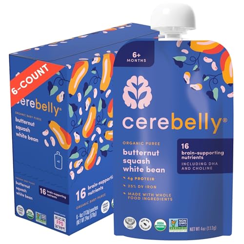 Image of Cerebelly Organic Baby Food Pouches, Butternut Squash White Bean Purees, 16 Nutrients, No Added Sugar, Fiber & Non-GMO, 4oz, 6 Pack