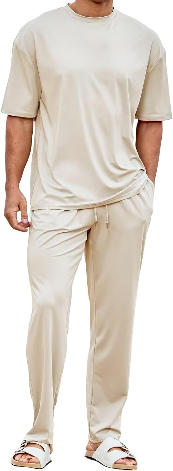 Lexiart Mens 2 Piece Outfits Cool Feeling Summer Casual Tracksuit Short Sleeve T Shirt & Pants Set