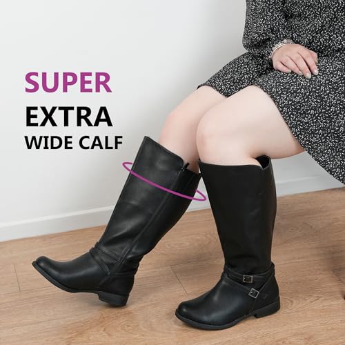 Women's Super Extra Wide Calf Side Zipper Double Buckle Knee High Riding Boots2