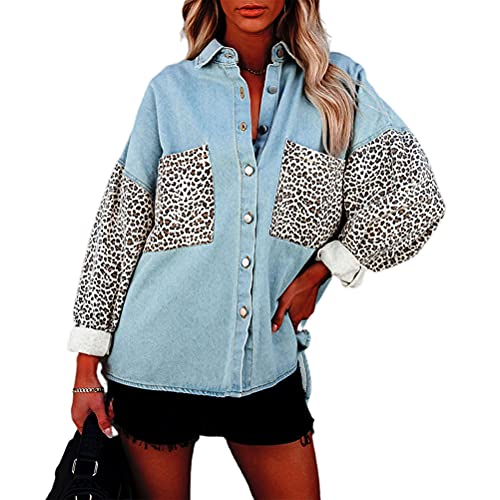 PAODIKUAI Women's Relaxed Fit Long Sleeve Chambray Button Down Patchwork Denim Shirt