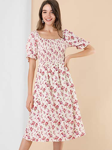 Image of Allegra K Women's Cottagecore Floral Dress Puff Sleeves Smocked Midi Dresses