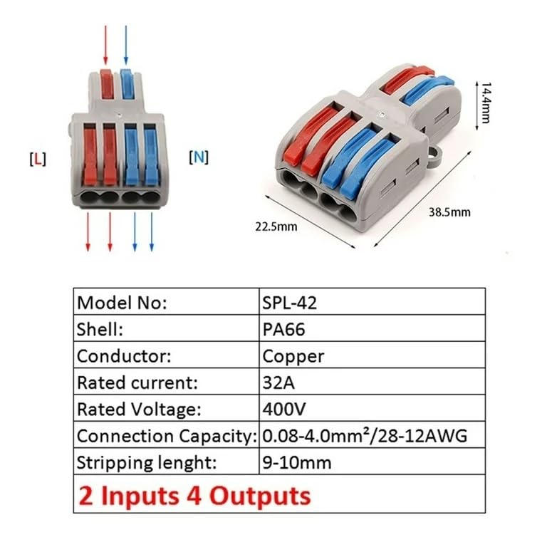Image of ROBOWAY 10Pcs LT-422 Lever Wire Connector, 2 In 4 Out Push-in Lock Universal Terminal Block for 0.08-4.0mm Electrical Wires, Compact Splicing Connector, Easy Reusable Wiring Terminal (Pack of 10)