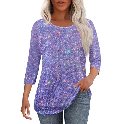 Womens Plus Size Tops 3/4 Sleeve Round Neck Casual Summer Tunic Fall Basic Tees Blouses Dressy Tshirt Pleated Shirts