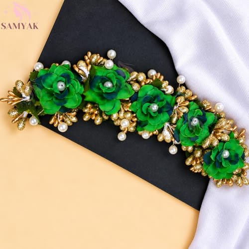 Image of Samyak Beautiful Hair Gajra Garland Handmade Floral Wedding Bridal Bridesmaid Hair Jewellery Bun | Juda Accessory | Tiara | Hair Vine | Hair Accessory | Hair Pin Clips Veni (Dark Green)
