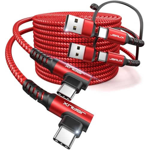 JSAUX 3-in-1 USB-C Cable 2-Pack 10FT 100W Right Angle Fast Charging Cord with USB-A Adapter for iPhone 16/15 Galaxy S25/S24 iPad MacBook Steam Deck - Red