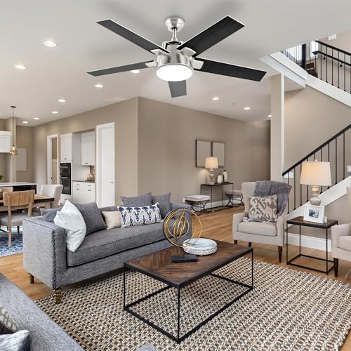 DWVO Ceiling Fan with Light and Wall Switch Remote, Quiet Reversible Motor, Dimmable LED Color, Memory Function for Bedroom Living Room Patio Indoor Outdoor, 52 Inch Modern Silver & Black Fan,