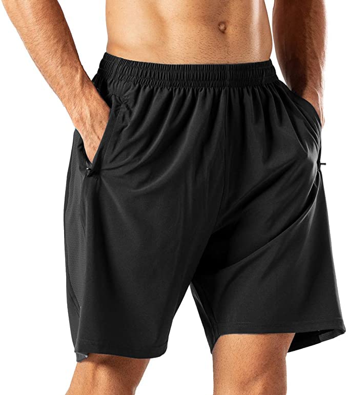 malvina Men's Casual Sports Quick Dry Workout Running or Gym Training Short with Zipper Pockets (Black)-picture-21