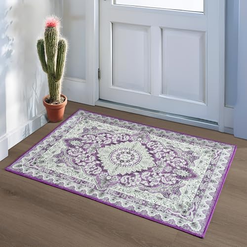 Foxmas Small Rugs for Entryway 2x3 Feet, Non-Slip Doormat Indoor Entrance Vintage Washable Area Rug, Low Pile Throw Rugs for Entryway Bedroom Kitchen Living Room, Purple