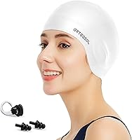 Vista 13 de Silicone 3D Ear Protection Swim Cap - Latex-Free Non-Slip Waterproof for Long Hair/Thin Braids, Chlorine Resistant Tear-Resistant for Competitive