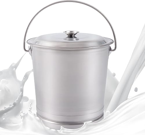 Cubo de leche de acero inoxidable de 8.5 cuartos de galón con cubeta de alimentación con tapa, cubo de cocina de acero inoxidable con tapa, asa y