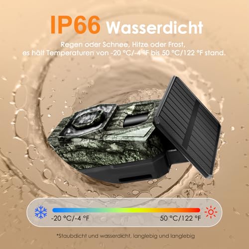 Wildkamera WLAN mit Handyübertragung App, 4K 64MPWildkamera Solar mit Akku 5200mAh Wildtierkamera mit Bewegungsmelder Nachtsicht 0,1s Auslösezeit Wildtierkamera Bluetooth Nachtsichtkamera, IP66