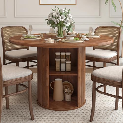 Image of weselon 47 inch Round Dining Table for 4, Kitchen Table Dinner Table with 2-Layer Storage Shelf and Wood Slide Door for Home Dining Room Living Room (Walnut)