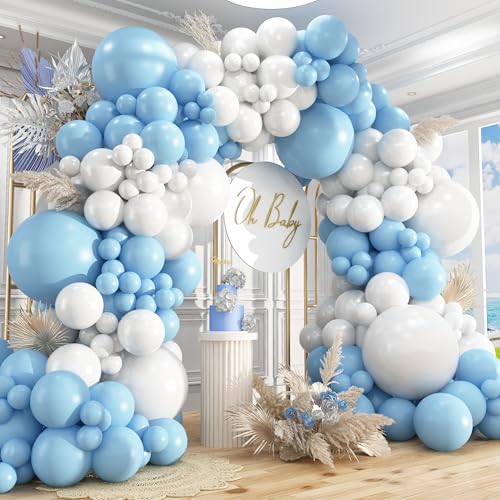 Image of 412Pcs Blue and White Balloon Arch Kit, 18 12 10 5 Inch Different Size Light Blue White Balloon Garland Kit for Baby Shower Graduation Birthday Wedding Party Decorations
