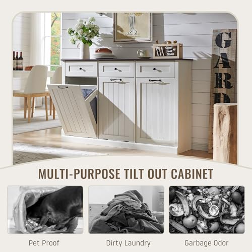 Image of IFBUY Triple Tilt Out Laundry Hamper Cabinet, Trash Cabinet, Antique White