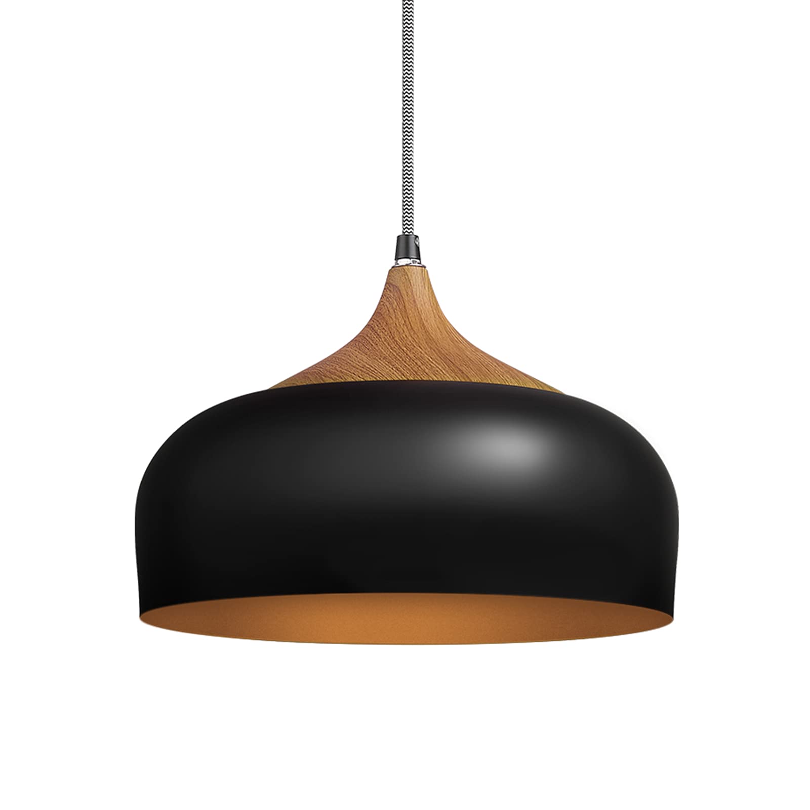 ELYONA Modern Pendant Light, Wood Pattern Dome Lantern, 11.8" Metal Shade, Industrial Hanging Lamp, Pendant Light Fixtures for Kitchen Island, Barn, Dining Room, Living Room, Bedroom - Black