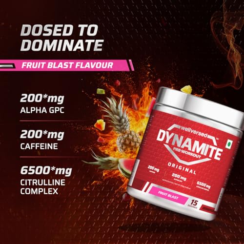 Image of Dynamite Original Pre Workout For Men (15 Servings, Fruit Blast) For Focus & Energy Boost With 6500mg Citrulline Complex | Preworkout Supplements For Men - 210g