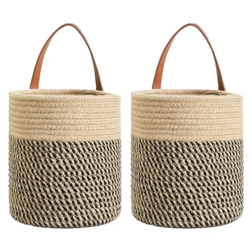 Sertay 2 Pezzi Cestini Parete Appendere, Cestino Parete Rotondo Contenitore, Cestini Piante Vaso, Cesto Portaoggetti Appeso, Design a Parete Aderisce al Muro per Risparmiare Spazio (Lino + Nero)