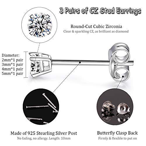 Sterling Silver Stud Earrings for Women Men- 4 Pairs of Hypoallergenic Small White Gold Plated Cubic Zirconia Cartilage Earrings Jewelry Sets (2mm/3mm/4mm/5mm)2