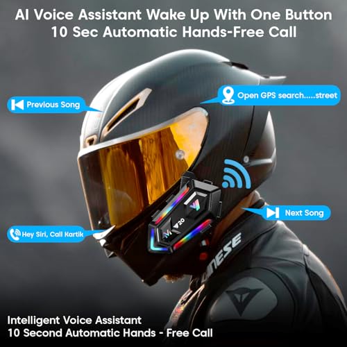 Image of Sounce Helmet Bluetooth Device with External Mic Wireless Bluetooth 5.3 for All Bike Helmets, Dual Phone Connectivity, AI Noise Cancellation, Music & GPS Control, IPX6 Waterproof with RGB Lights