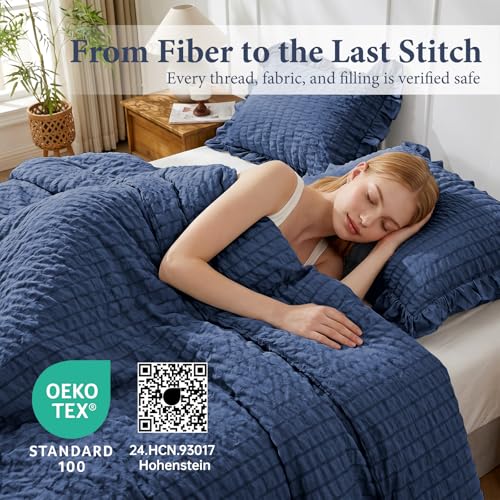 Image of JOLLYVOGUE Oversized King Comforter Set, 3 Pieces Navy Blue Seersucker Comforters, Lightweight & Fluffy Bedding Sets for All Season with 1 Ruffle Comforter and 2 Ruffle Pillowshams