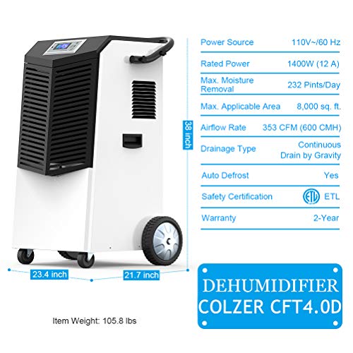 COLZER 232 PPD Commercial Dehumidifier, Large Industrial Dehumidifier with Hose for Basements, Warehouse & Job Sites Clean-Up, Flood, Water Damage Restoration - Moisture Removal Up to 29 Gallons/Day - Thumbnail 2