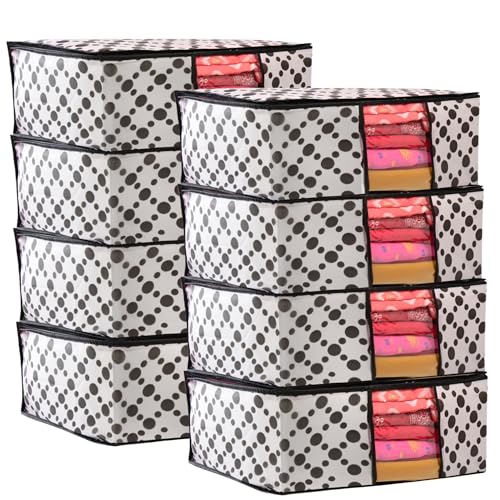Image of Non-Woven Saree Covers with Zipper & Transparent Window | Clothes Storage Bags for Wardrobe Organization | White Dustproof Garment Storage box with Black Dot for Sarees and Clothes (Pack of 8)