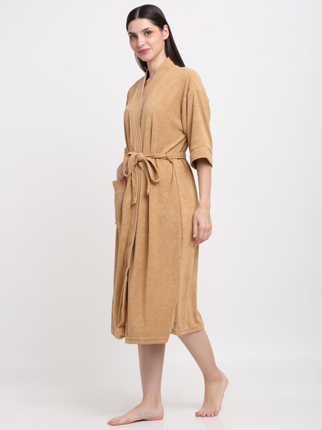 CREEVA Everyday Unisex Micro Terry Bathrobe Collection With kimono collar and 1 Pocket, 3/4 Sleeve Bath Robe Super Soft Light Weight - Camel - Image 2 thumbnail