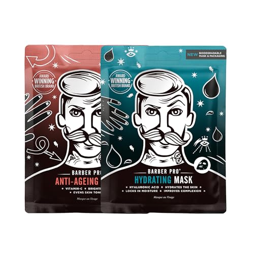 BARBER PRO HYDRATION DUO 2-in-1 Natural Bamboo Face Mask Multipack Hyaluronic Acid Anti-Ageing Vitamin-C Brightens Tones Nourishes Vegan Skincare Multi Award Winning Brand