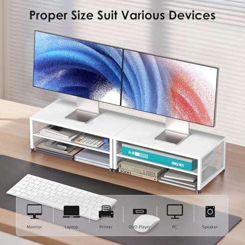 Image of ECOLOVI 2-Tier Computer Monitor Stand Riser, Printer & Laptop Stand, Office Desk Accessories, Workspace Desk Organizer for Home Office Supplies, White