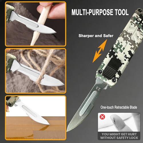 Image of Caressolove Automatic Utility Knife, Safety Black Box Cutter Retractable, EDC Push Button Knife, Exacto Scalpel Knife, 10PCS #23 Razor Blades Pocket Knife with Clip (Camouflage)
