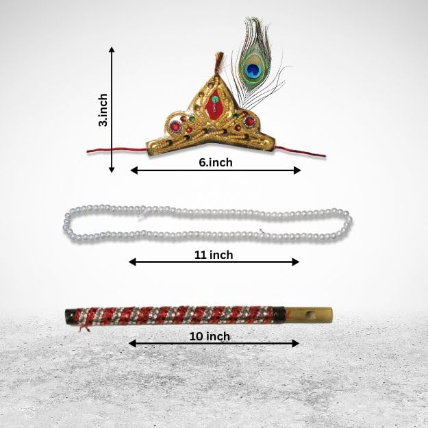 Image of Kaku Fancy Dresses Krishna Jewellery Combo Set for Kids - Includes Mala, Mukut, Bansuri & Mor Pankh - Janmashtami Costume Accessories