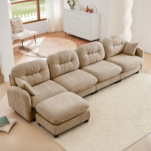 Image of KEIKI 140 inch L-Shaped Oversized Chenille Modular Sectional Sofa with 1 Ottoman, High-Density Foam Cushions, Tufted Pleated Cushion Backrest, Modern 4-Seater Couch with 2 Pillow, for Living Room, Camel