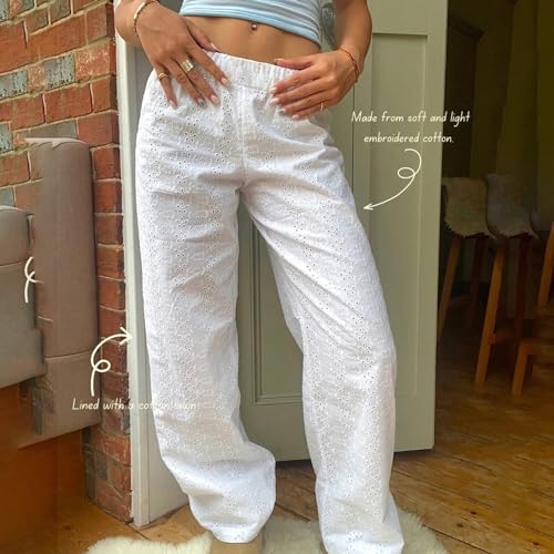 Women Y2K Lounge Bottoms Floral Eyelet Embroidery Elastic Waist Wide Leg Pants Casual Going Out Pants3