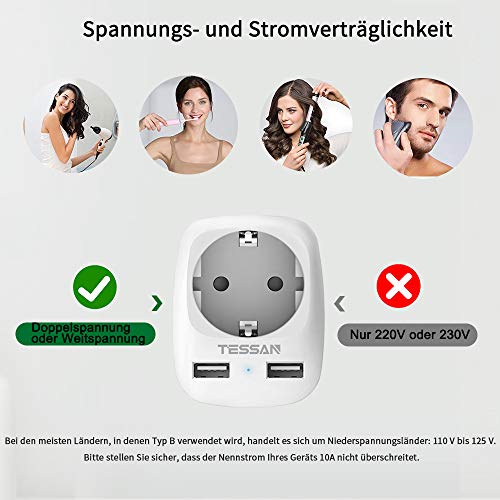 TESSAN Reisadapter USA Adapter Amerika Duitsland Stekker met 2 USB (2,4A), Stekkeradapter Reisstekker Stroomadapter voor Canada Thailand Mexico Muurlaadstation, Reisstekkeradapter USA Stopcontac - Image 6