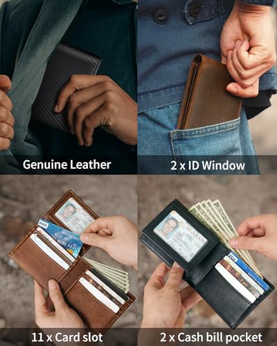 Mens Wallet Bifold Genuine Leather RFID Blocking Wallet for Men with 2 ID Windows 11 Card Holders 2 cash pockets 1 Gift Box3