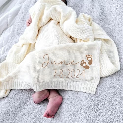 Image of Noni Luxury Personalized Name and Birthday Baby Blanket - Embroidered, Soft Breathable Cotton Knit for Newborns - Valentine's Gift for New Moms