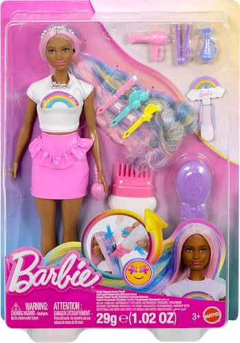 Barbie Rainbow Sparkle Hair Doll, Extra-Long and Colorful Hair with 12 Styling Accessories Like Glitter Tube, Brush, Clips, Dryer and More