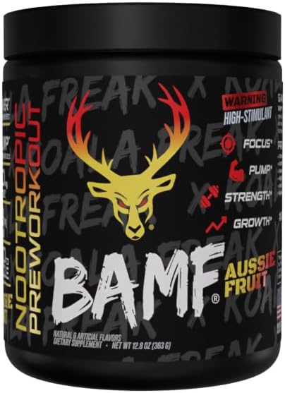 Bucked UpBAMF | HIGH STIM Pre Workout | Focus Nootropic | Pump | Strength and Growth | 6g Citrulline | 3.2g Beta Alanine | Laser Focus & Mind Muscle Connection 30 Srvs Peach Mango (AUSSIE FRUIT)