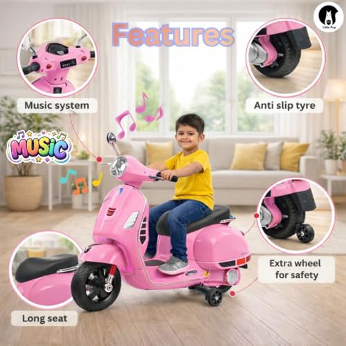 Image of Little Pup Battery Operated Ride On Scooter for Kids 2 to 6 Years | Electric Vespa Style Bike with Music, LED Headlight, Rechargeable Battery, Training Wheels | Kids Scooter (Pink)