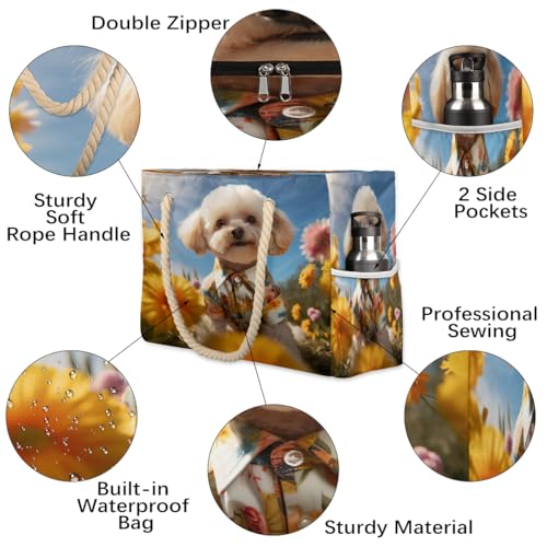 Pet Dog Flower Women's Large Beach Bag Waterproof and Sand-proof Canvas Tote Lightweight Shoulder Bag Suitable for Pool Beach Travel Holiday Gym Yoga Care3