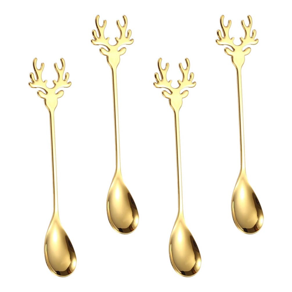 Diyfixlcd Gold 4Pcs Coffee Spoons Stainless Steel Reindeer Antler Spoon Demitasse Espresso Spoons Small Spoons For Dessert Tea Appetizer Yogurt Ice Cream