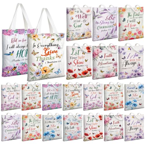 Image of Paterr 24 Pcs Christian Canvas Tote Bags for Women Gifts Religious Gift Bag | Back to School Tote Bags with Handles, Reusable Bible Verse Gift Bags, Inspirational Floral Handbag, for Teacher Church Party