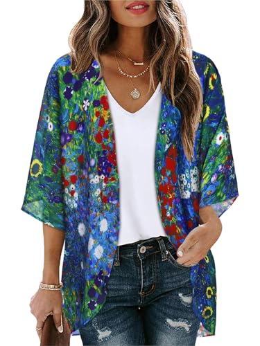 Image of Women's Floral Print Puff Sleeve Kimono Cardigan Loose Cover Up Casual Blouse Tops 2026
