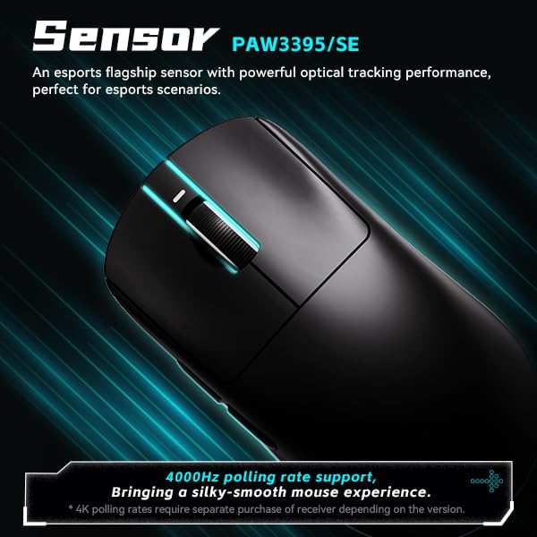 Close-up of the mouse highlighting the PAW3395/SE sensor and 4000Hz polling rate support.