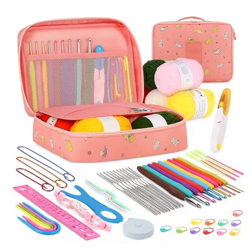 Image of KRENZ 59 Piece Crochet Kit for Beginners with 5 Yarn & Crochet Hooks, Stitch Markers & Storage Bag All in One Crochet Set for Kids & Adults
